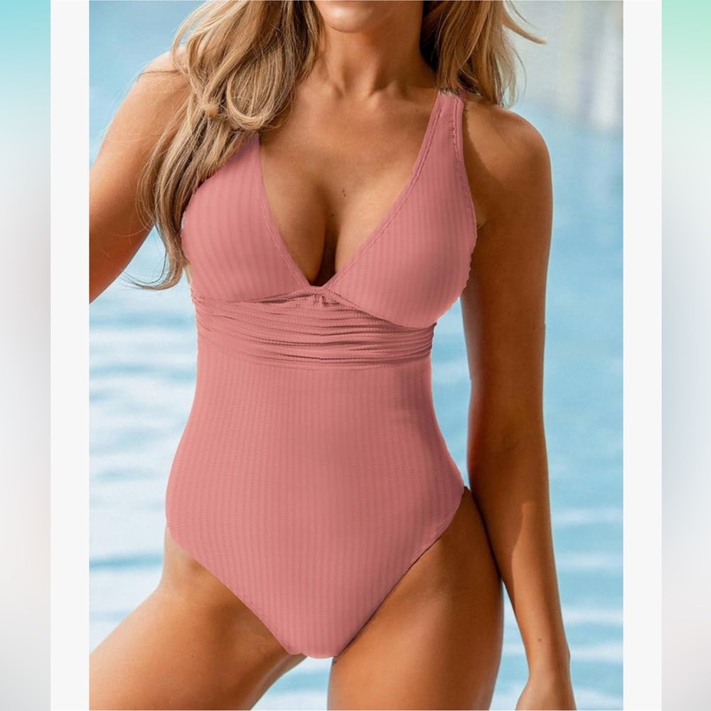 NWT Wide Straps V Neck Ruched Textured Ribbed Twist Back